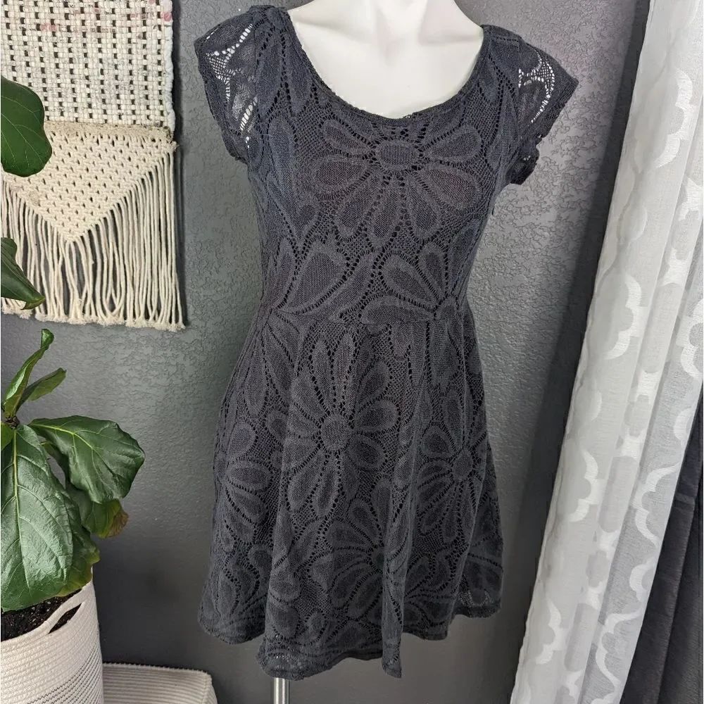 Anthropologie Deletta Stretchy Lace Skater Gray Dress